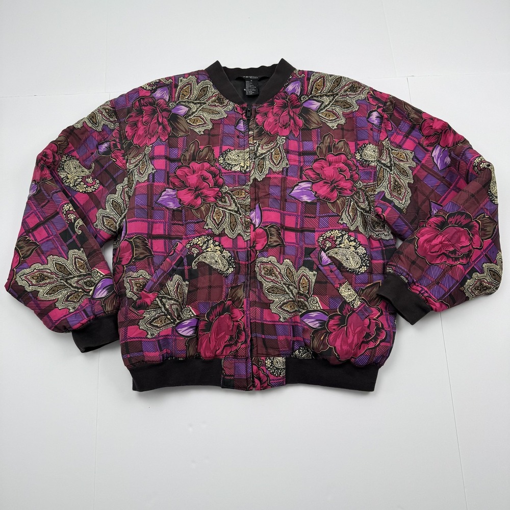 Options Melrose Jacket Womens Medium Purple Pink Floral Silk Quilted Bomber Coat